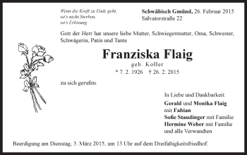 Traueranzeige von Franziska Flaig von Gmünder Tagespost