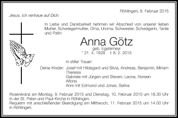 Traueranzeige von Anna Götz von Schwäbische Post