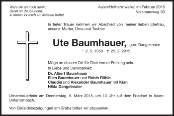 Traueranzeige von Ute Baumhauer von Schwäbische Post