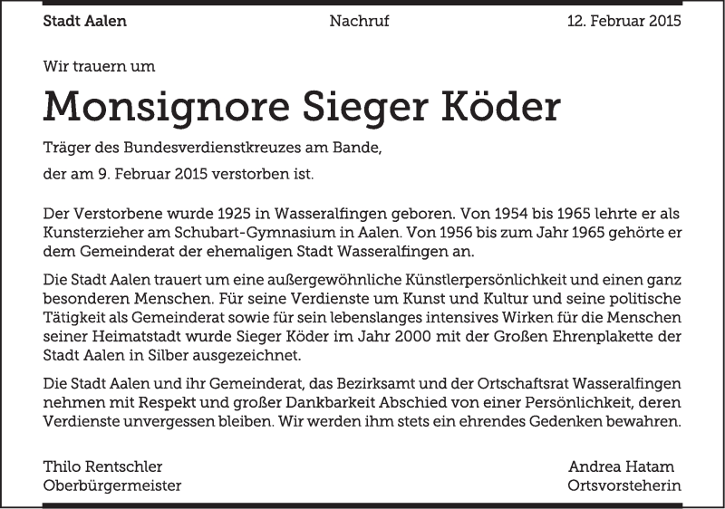  Traueranzeige für Sieger Köder vom 12.02.2015 aus Schwäbische Post
