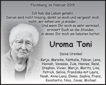 Traueranzeige von Uroma Toni  von Schwäbische Post