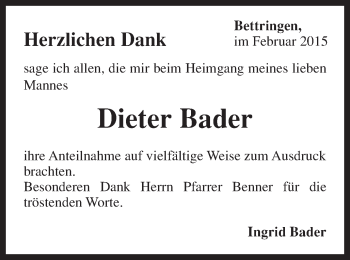 Traueranzeige von Dieter Bader von Gmünder Tagespost