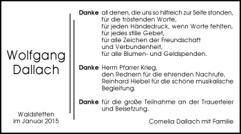 Traueranzeige von Wolfgang Dallach von Gmünder Tagespost