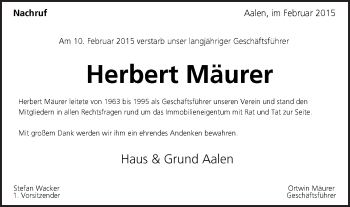 Traueranzeige von Herbert Mäurer von Schwäbische Post