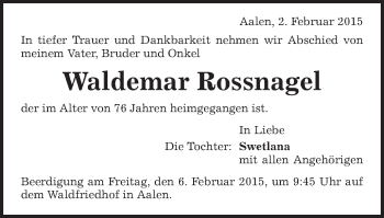 Traueranzeige von Waldemar Rossnagel von Schwäbische Post