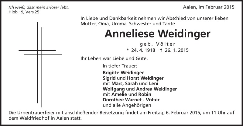  Traueranzeige für Anneliese Weidinger vom 03.02.2015 aus Schwäbische Post