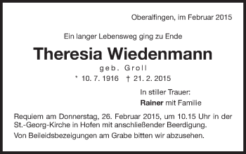 Traueranzeige von Theresia Wiedenmann von Schwäbische Post