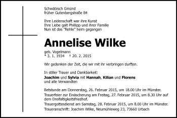 Traueranzeige von Anneliese Wllke von Gmünder Tagespost