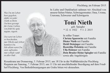 Traueranzeige von Toni Nieth von Schwäbische Post