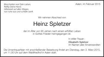 Traueranzeige von Heinz Spletzer von Schwäbische Post