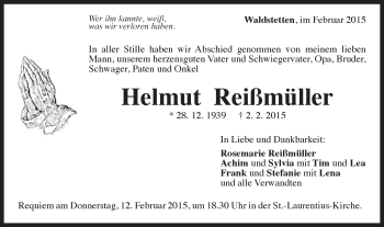 Traueranzeige von Helmut Reißmüller von Gmünder Tagespost
