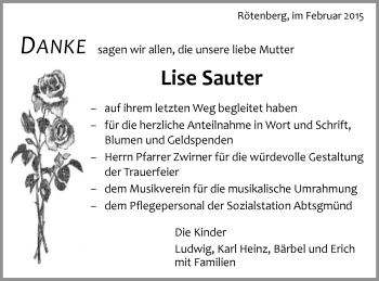 Traueranzeige von Lise Sauter von Schwäbische Post