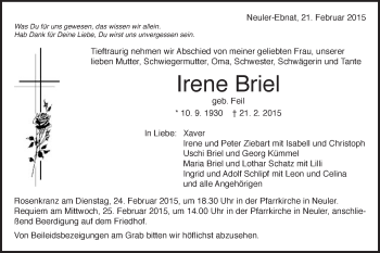 Traueranzeige von Irene Briel von Schwäbische Post