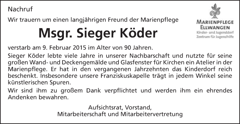  Traueranzeige für Sieger Köder vom 12.02.2015 aus Schwäbische Post
