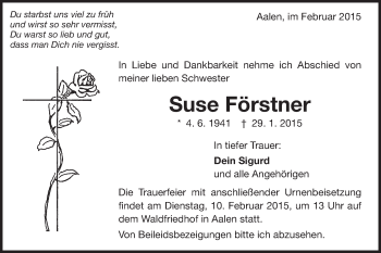 Traueranzeige von Suse Förstner von Schwäbische Post
