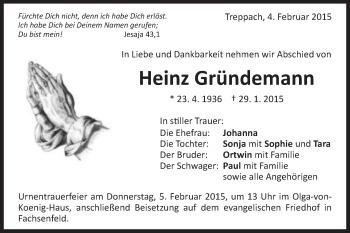 Traueranzeige von Heinz Gründemann von Schwäbische Post