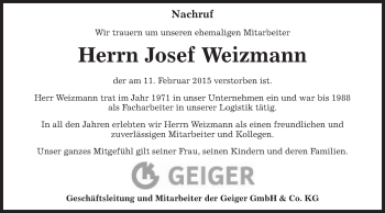 Traueranzeige von Josef Weizmann von Schwäbische Post