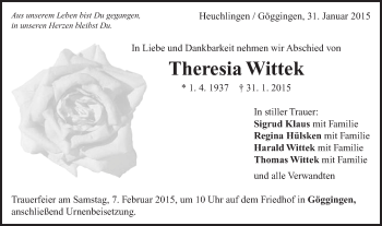 Traueranzeige von Theresia Wittek von Gmünder Tagespost
