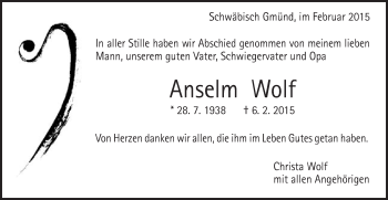 Traueranzeige von Anselm Wolf von Gmünder Tagespost