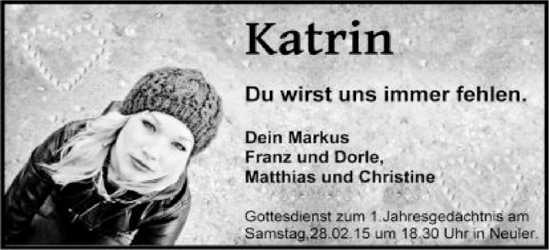  Traueranzeige für Katrin Reeb vom 25.02.2015 aus Schwäbische Post