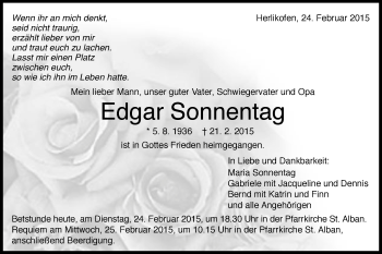 Traueranzeige von Edgar Sonnentag von Gmünder Tagespost