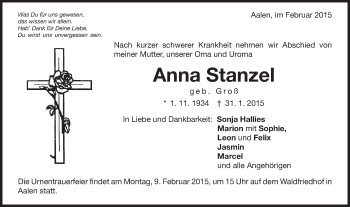 Traueranzeige von Anna Stanzel von Schwäbische Post