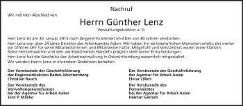 Traueranzeige von Günther Lenz von Schwäbische Post