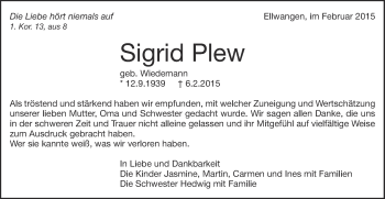 Traueranzeige von Sigrid Plew von Schwäbische Post