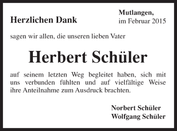 Traueranzeige von Herbert Schüler von Gmünder Tagespost