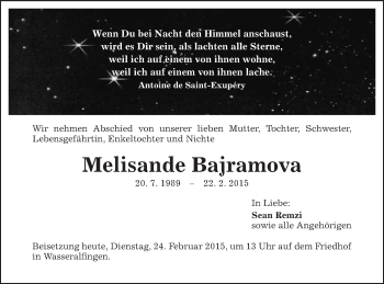 Traueranzeige von Melisande Bahramova von Schwäbische Post