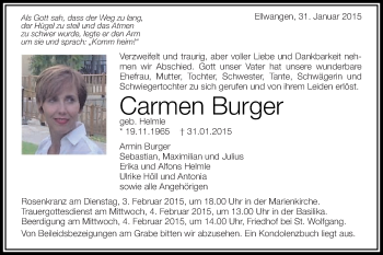 Traueranzeige von Carmen Burger von Schwäbische Post