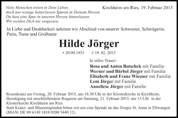 Traueranzeige von Hilde Jörger von Schwäbische Post