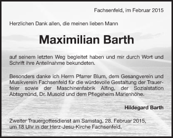 Traueranzeige von Maximilian Barth von Schwäbische Post