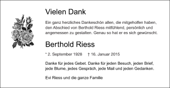 Traueranzeige von Berthold Riess von Gmünder Tagespost