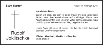Traueranzeige von Rudolf Joklitschke von Schwäbische Post