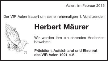Traueranzeige von Herbert Mäurer von Schwäbische Post
