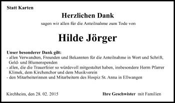 Traueranzeige von Hilde Jörger von Schwäbische Post