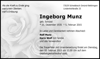 Traueranzeige von Ingeborg Munz von Gmünder Tagespost