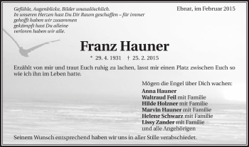 Traueranzeige von Franz Hauner von Schwäbische Post