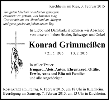 Traueranzeige von Konrad Grimmeißen von Schwäbische Post