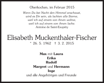 Traueranzeige von Elisabeth Muckenthaler-Fischer von Schwäbische Post