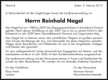 Traueranzeige von Reinhold Nagel von Gmünder Tagespost