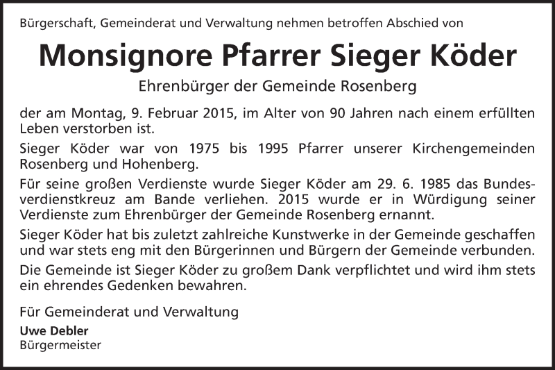  Traueranzeige für Sieger Köder vom 12.02.2015 aus Schwäbische Post