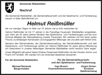Traueranzeige von Helmut Reißmüller von Gmünder Tagespost