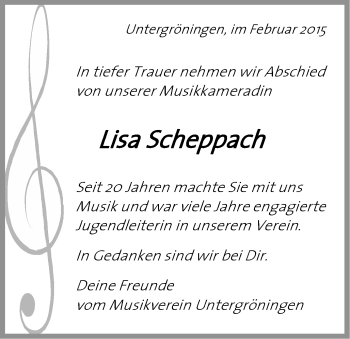 Traueranzeige von Lisa Scheppach von Gmünder Tagespost