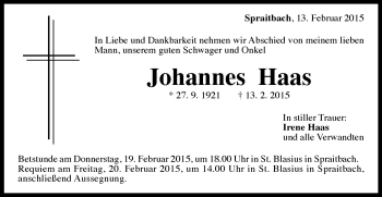 Traueranzeige von Johannes Haas von Gmünder Tagespost