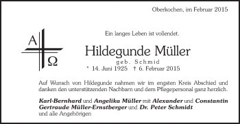 Traueranzeige von Hildegunde Müller von Schwäbische Post