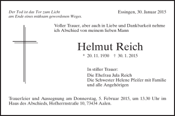 Traueranzeige von Helmut Reich von Schwäbische Post