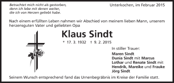 Traueranzeige von Klaus Sindt von Schwäbische Post