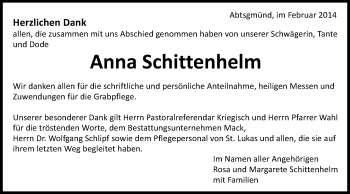 Traueranzeige von Anna Schittenhelm von Schwäbische Post
